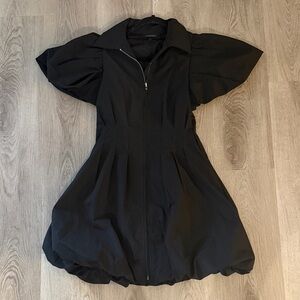 Olivaceous Elegant Black Mini Dress with Puff Sleeves